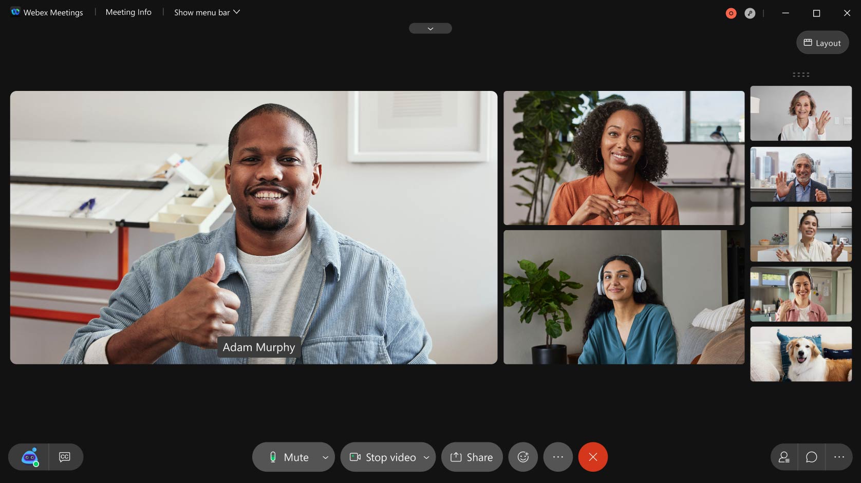 Exemplo de layouts personalizados no Webex Meetings