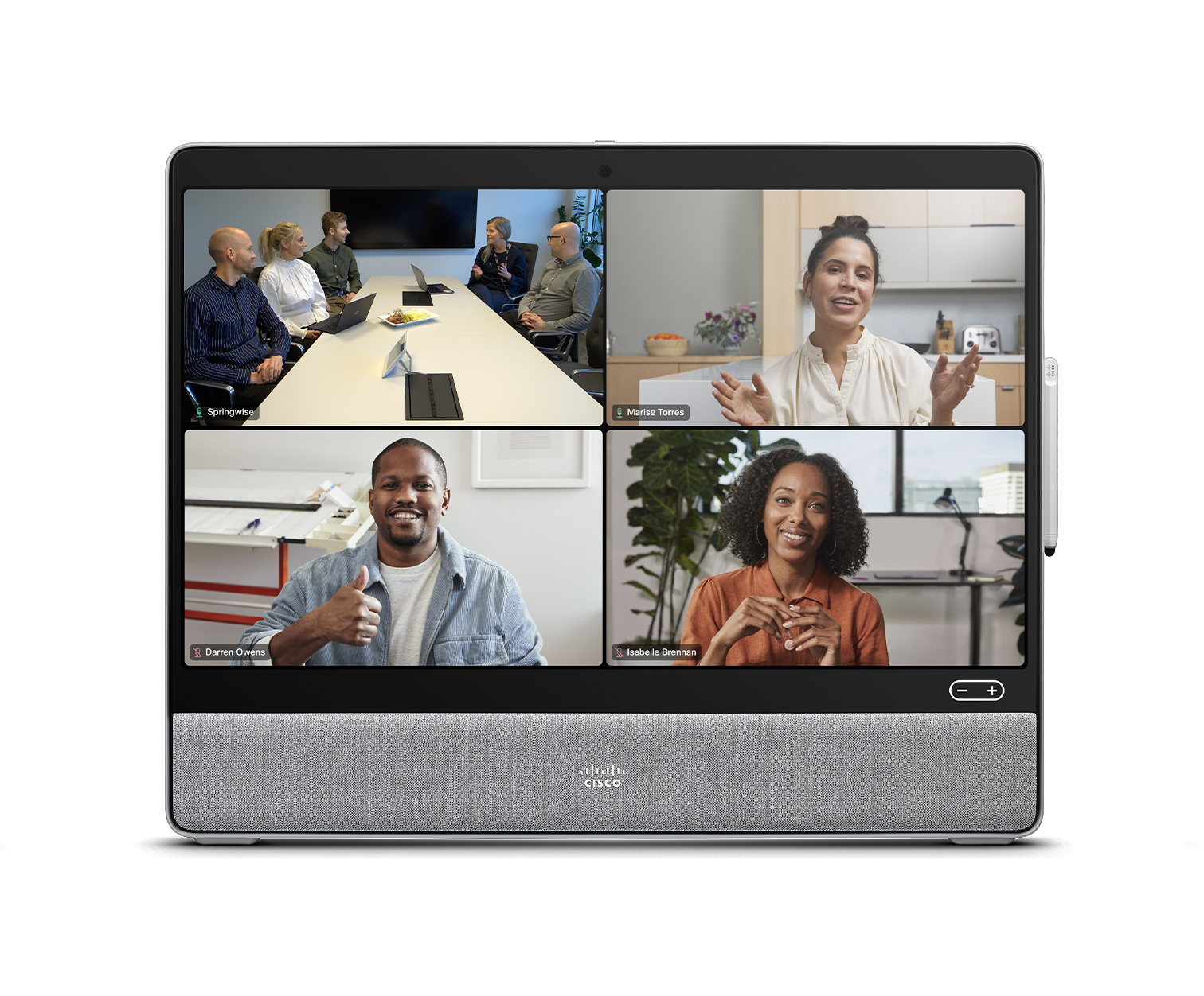 Grid view on Cisco Desk device with Third-party meetings platform and 5 people selected for video conference.