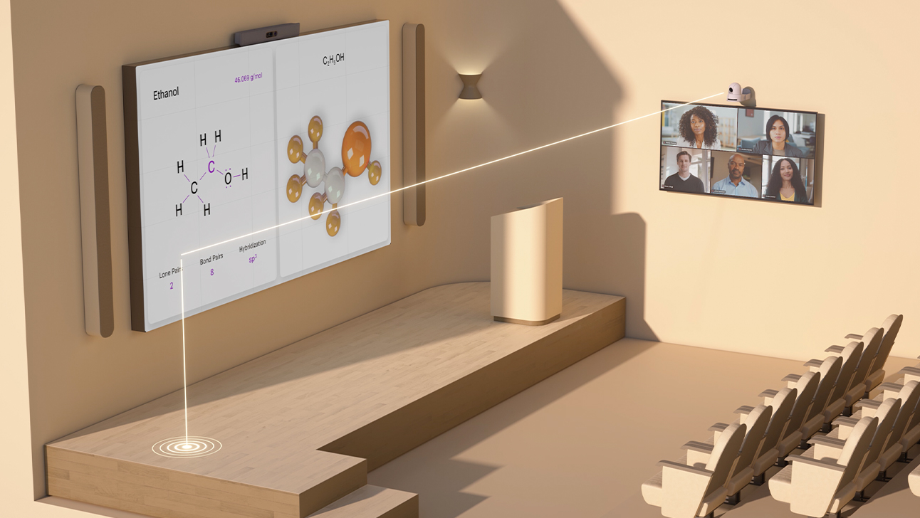 Rendering of lecture hall with Cisco PTZ 4K Camera utilizing Presenter Track.