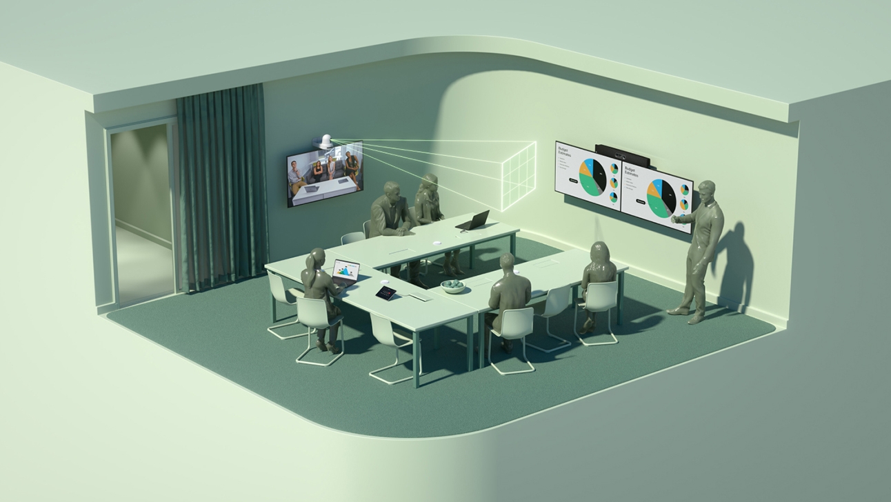 Modern training room setup with a U-shaped table, featuring a Cisco Quad Camera, a Cisco PTZ 4K Camera and room peripherals to keep both the presenter and in-room participants perfectly framed.
