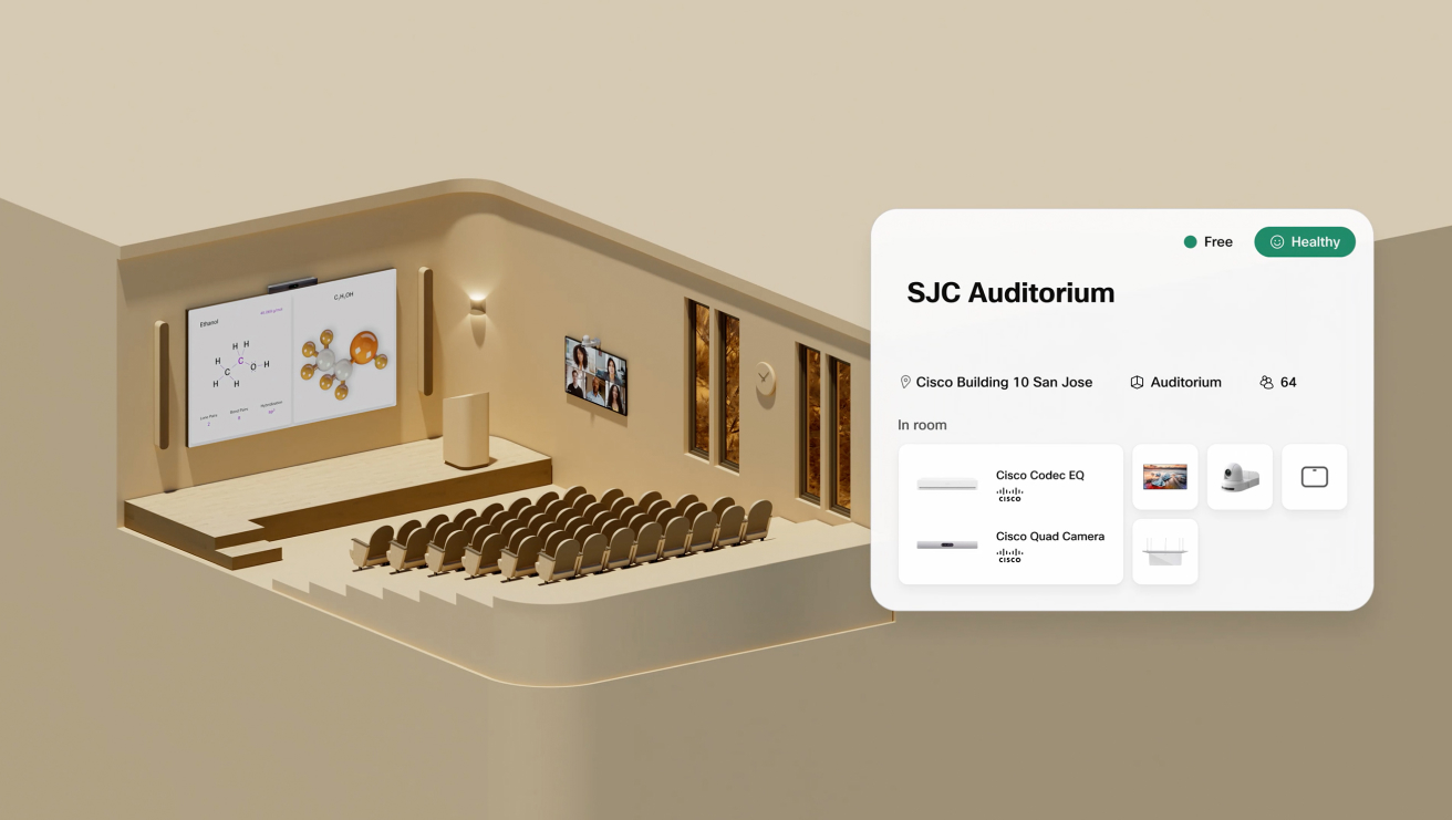 Rendering of auditorium with room status menu selected, equipped with Cisco Codec EQ, Cisco Quad Camera, Cisco Board Pro, and Cisco PTZ 4K Camera.