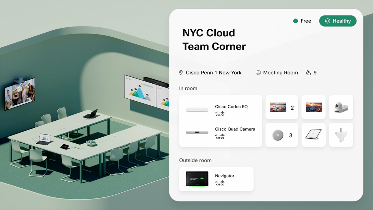 Conference room rendering with room status menu selected, equipped with Cisco Codec EQ, Cisco Quad Camera, Cisco Table Microphone, Cisco Board Pro, Cisco Room Navigator, and other Cisco Devices.