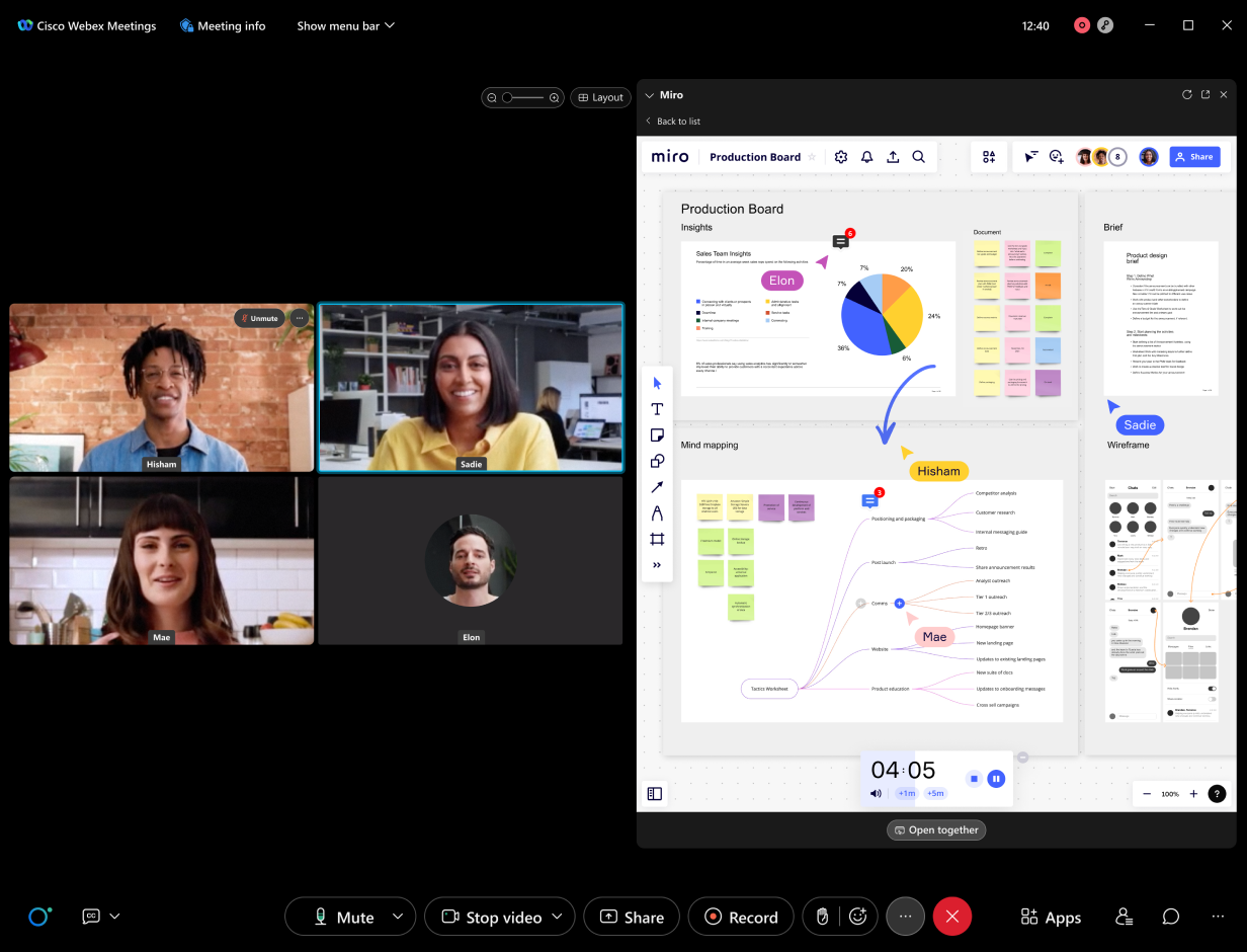 A screen showing four colleagues collaborating on a Miro board during a Webex meeting.