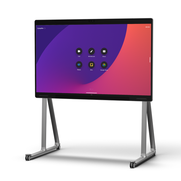 Webex Board Pro on wheels, shown from front. Screen displays time of 9:54 and apps like Webex, Call, and Whiteboard.
