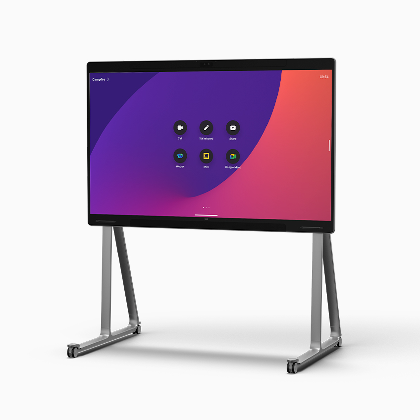 Cisco Board Pro on wheels, shown from front. Screen displays time of 9:54 and apps like Webex, Call, and Whiteboard.